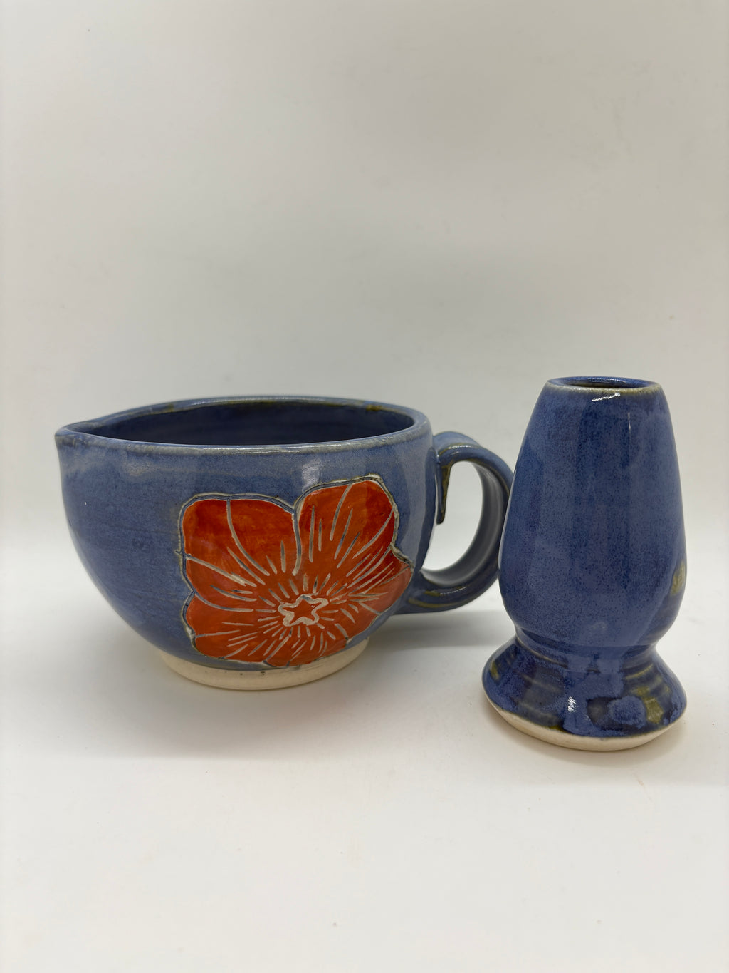 Blue rose etched matcha bowl + whisk set