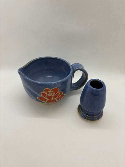 Blue rose etched matcha bowl + whisk set