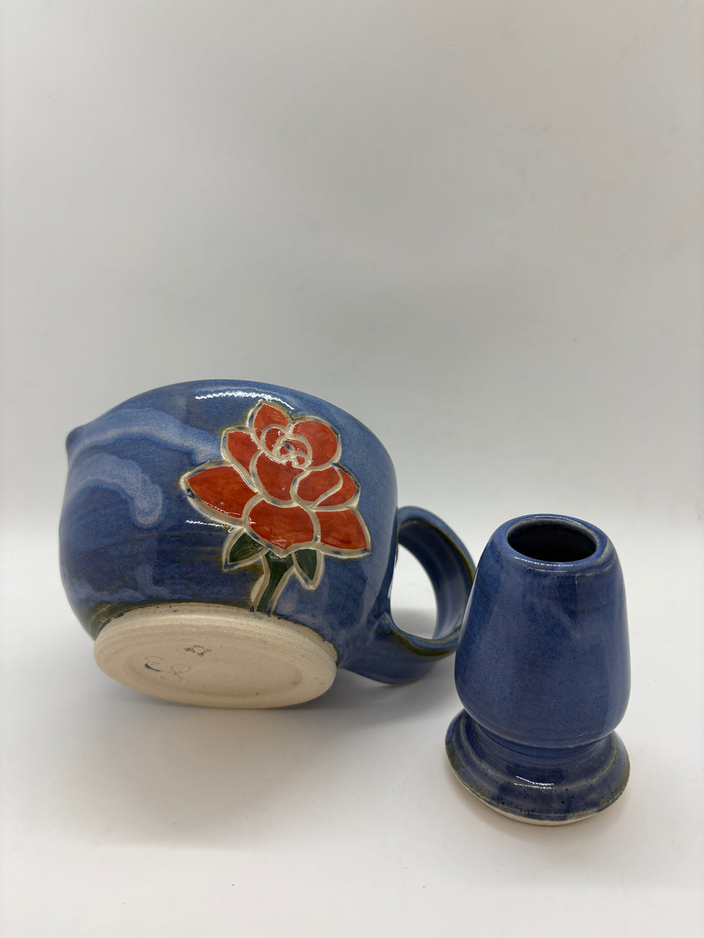 Blue rose etched matcha bowl + whisk set