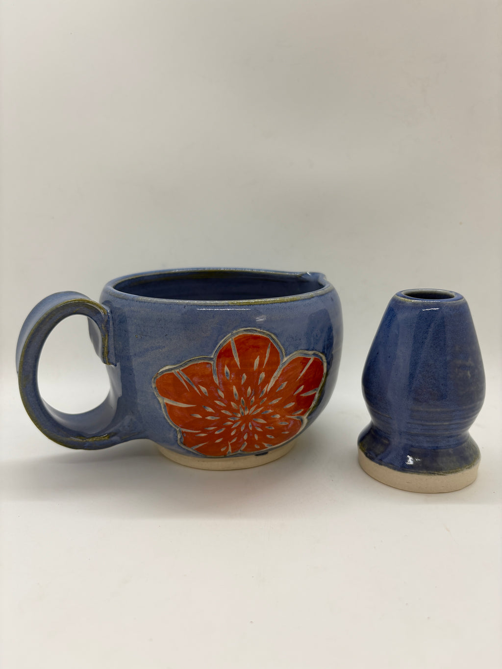 Blue rose etched matcha bowl + whisk set