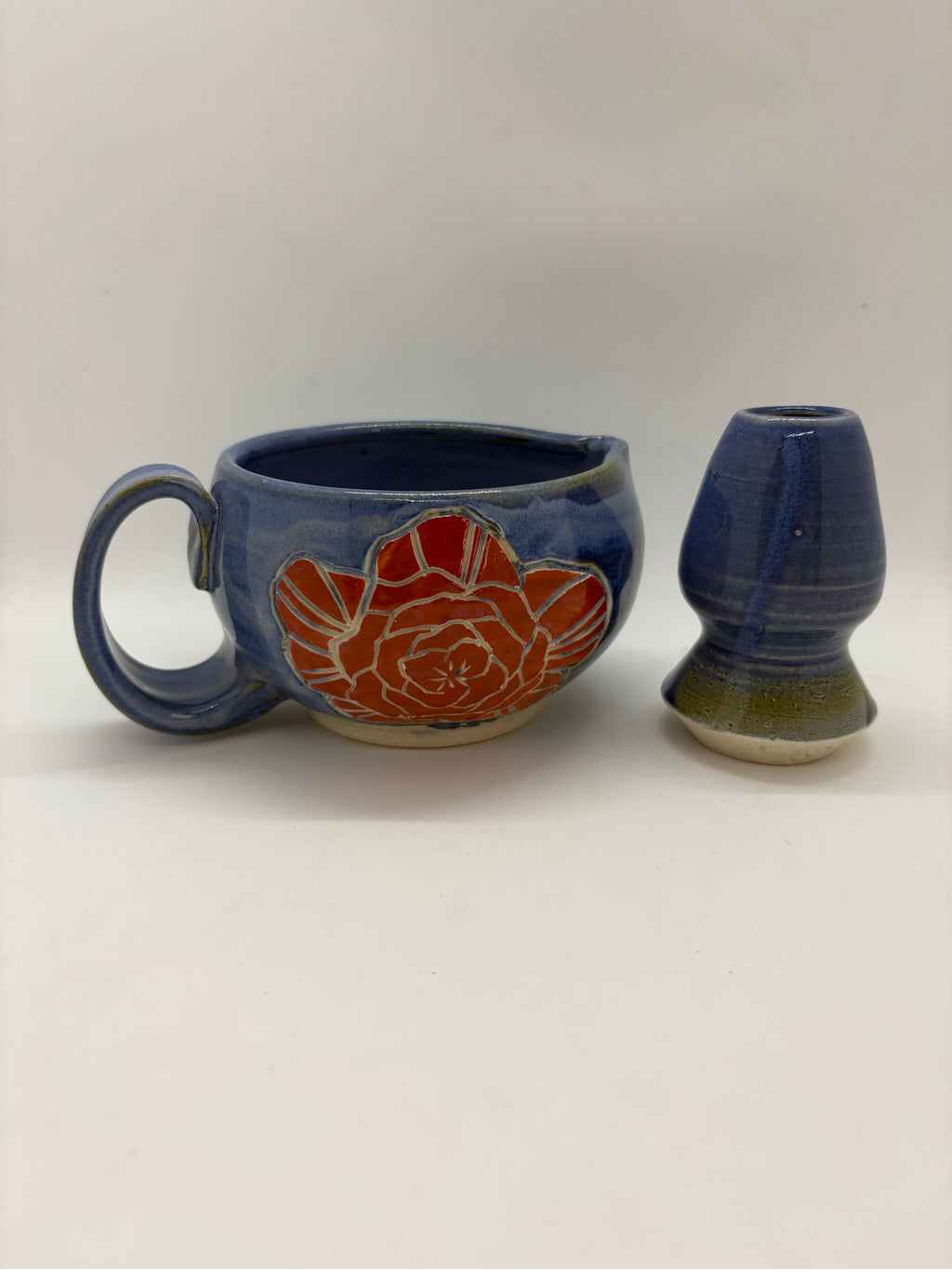 Blue rose etched matcha bowl + whisk set