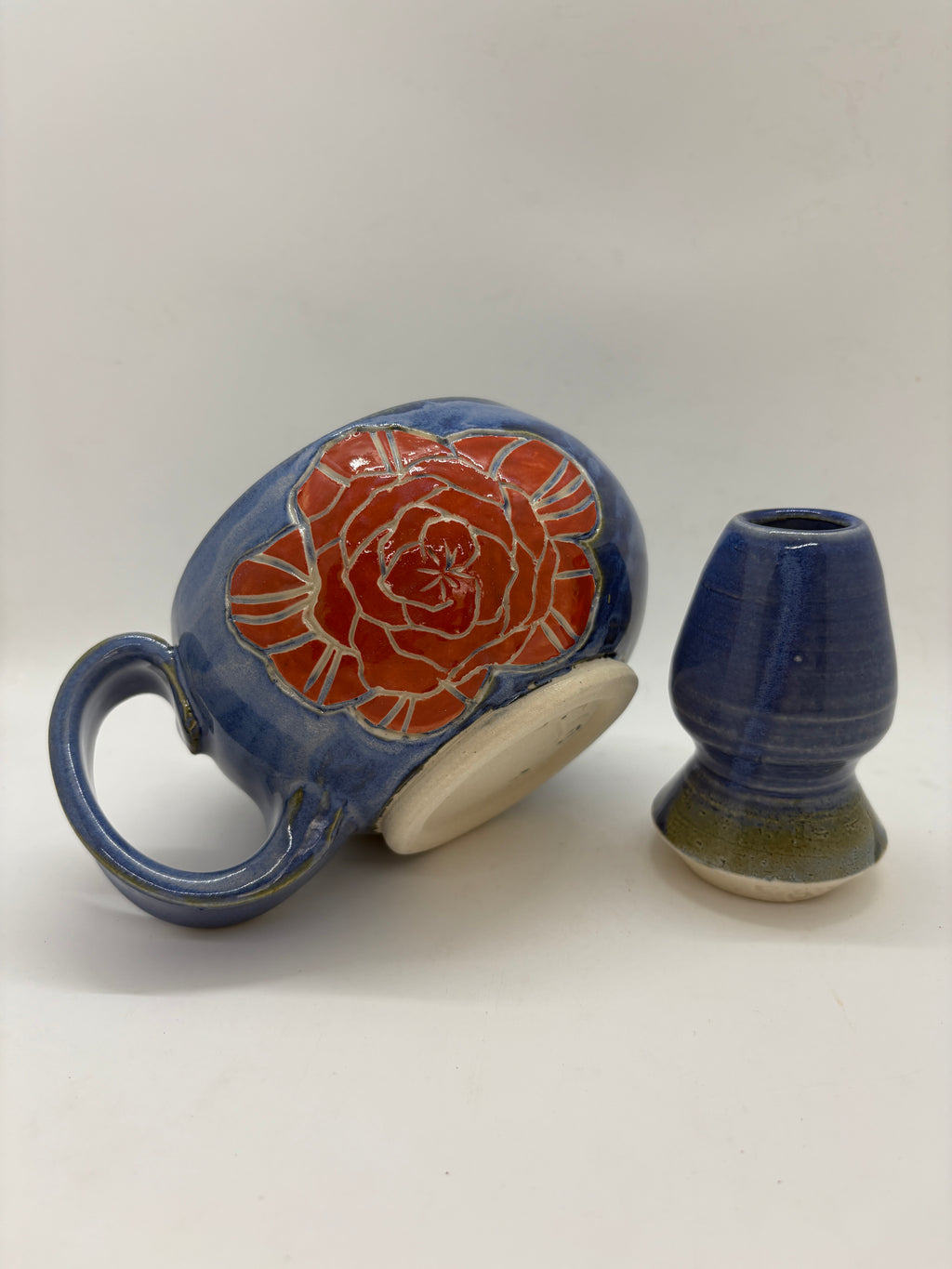Blue rose etched matcha bowl + whisk set