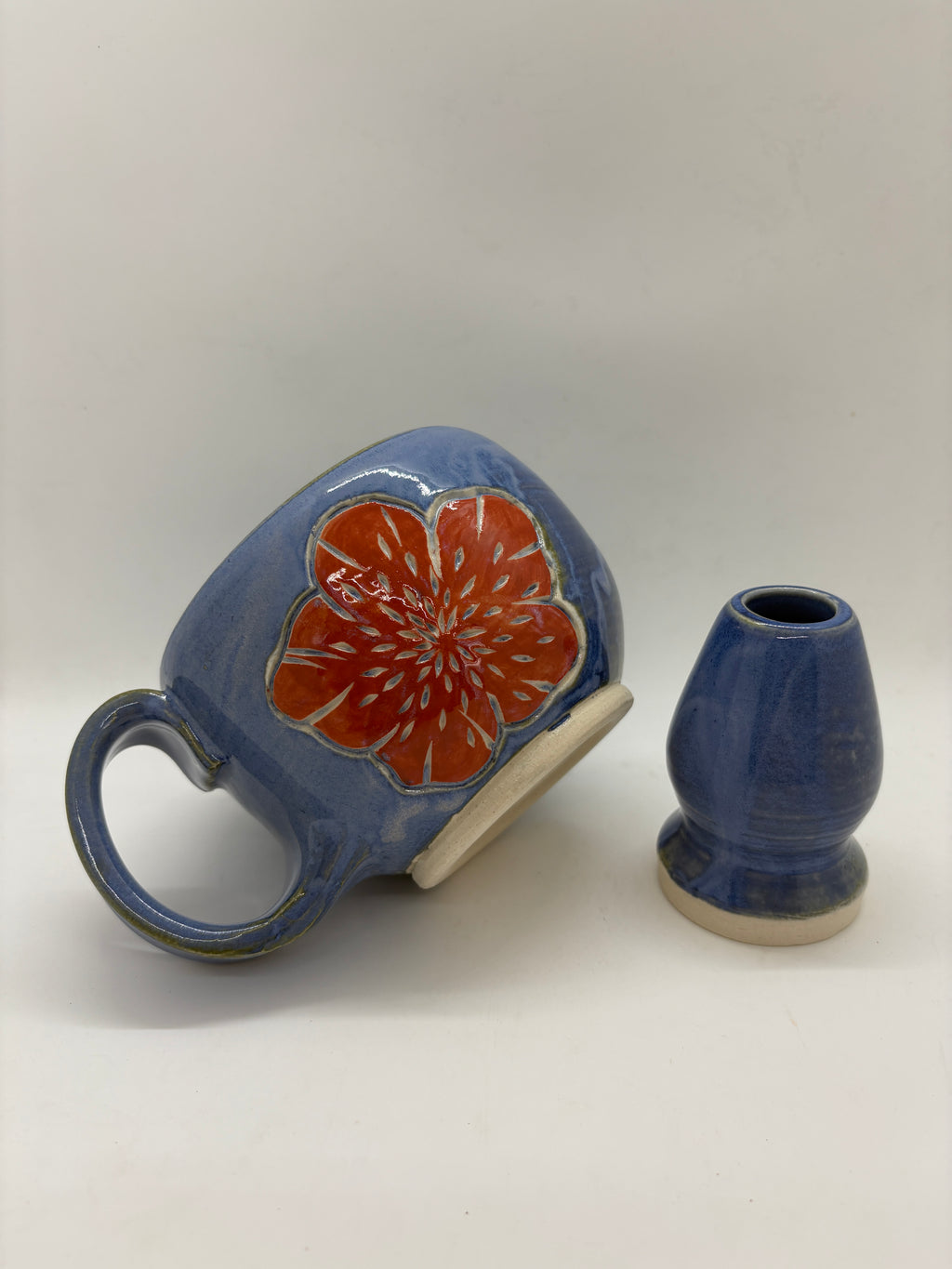 Blue rose etched matcha bowl + whisk set